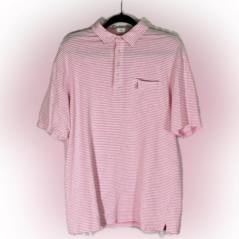 johnnie-O Pink and White Stripe Polo with Chest Pocket